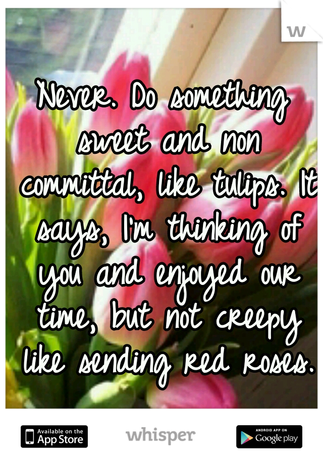Never. Do something sweet and non committal, like tulips. It says, I'm thinking of you and enjoyed our time, but not creepy like sending red roses.