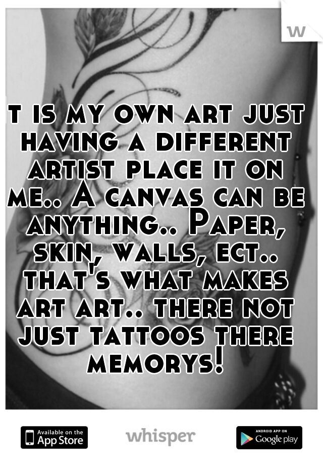 It is my own art just having a different artist place it on me.. A canvas can be anything.. Paper, skin, walls, ect.. that's what makes art art.. there not just tattoos there memorys!