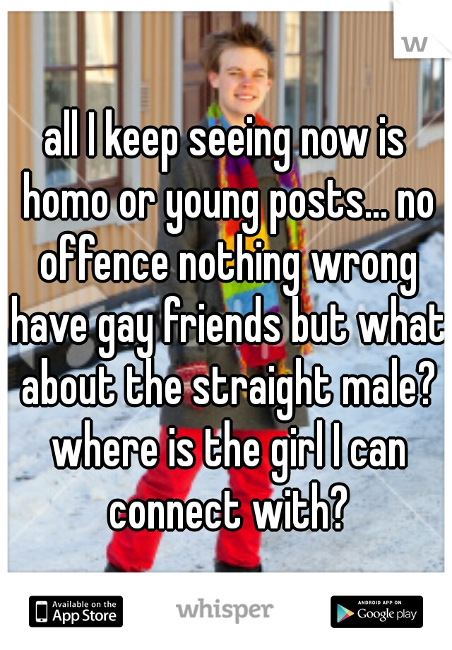 all I keep seeing now is homo or young posts... no offence nothing wrong have gay friends but what about the straight male? where is the girl I can connect with?