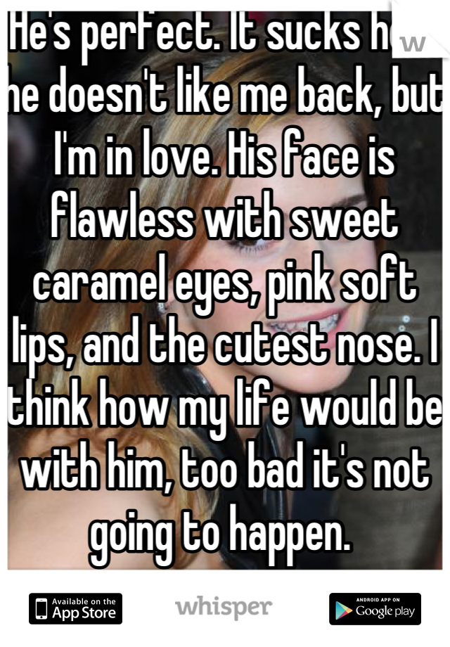 He's perfect. It sucks how he doesn't like me back, but I'm in love. His face is flawless with sweet caramel eyes, pink soft lips, and the cutest nose. I think how my life would be with him, too bad it's not going to happen. 