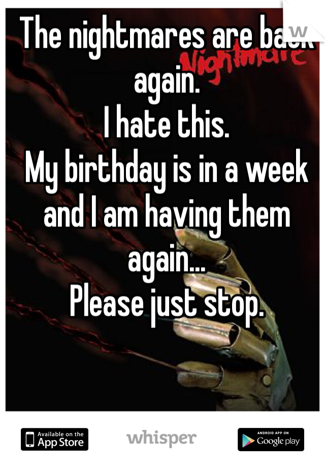 The nightmares are back again.
I hate this.
My birthday is in a week and I am having them again...
Please just stop.
