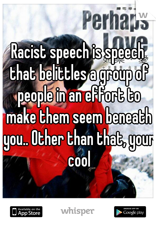 Racist speech is speech that belittles a group of people in an effort to make them seem beneath you.. Other than that, your cool