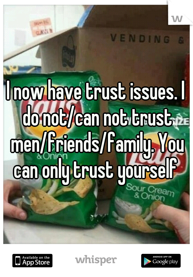I now have trust issues. I do not/can not trust men/friends/family. You can only trust yourself 
