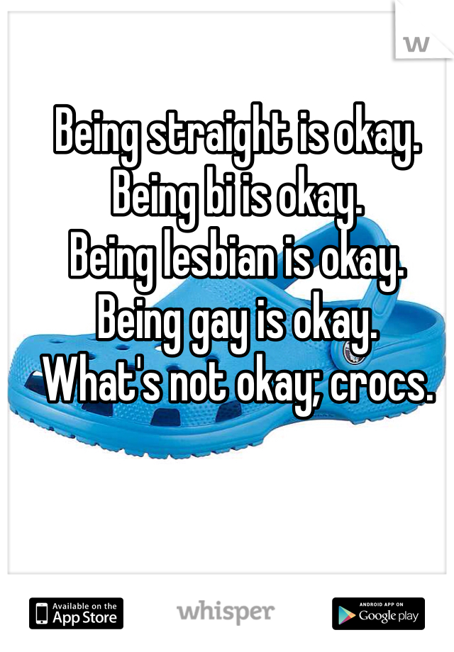 Being straight is okay. 
Being bi is okay. 
Being lesbian is okay.
Being gay is okay. 
What's not okay; crocs.
