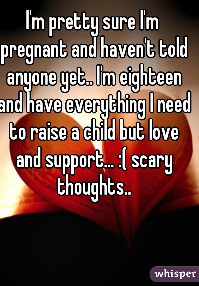 I'm pretty sure I'm pregnant and haven't told anyone yet.. I'm eighteen and have everything I need to raise a child but love and support... :( scary thoughts..