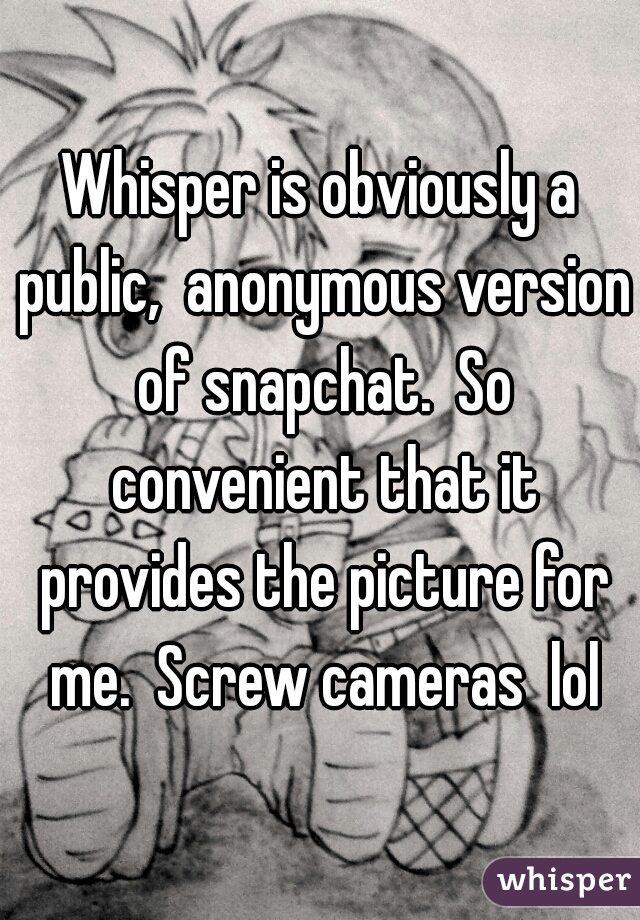Whisper is obviously a public,  anonymous version of snapchat.  So convenient that it provides the picture for me.  Screw cameras  lol