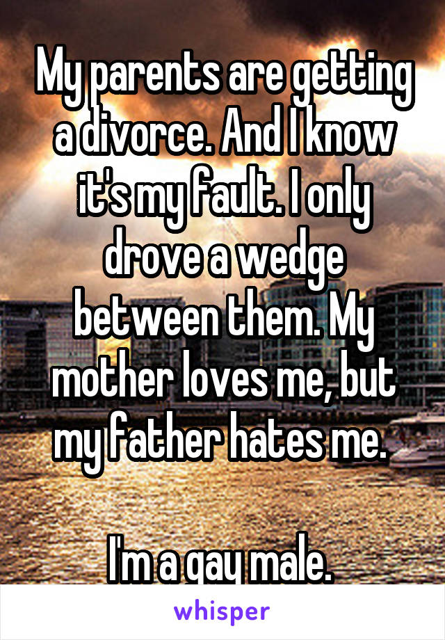 My parents are getting a divorce. And I know it's my fault. I only drove a wedge between them. My mother loves me, but my father hates me. 

I'm a gay male. 