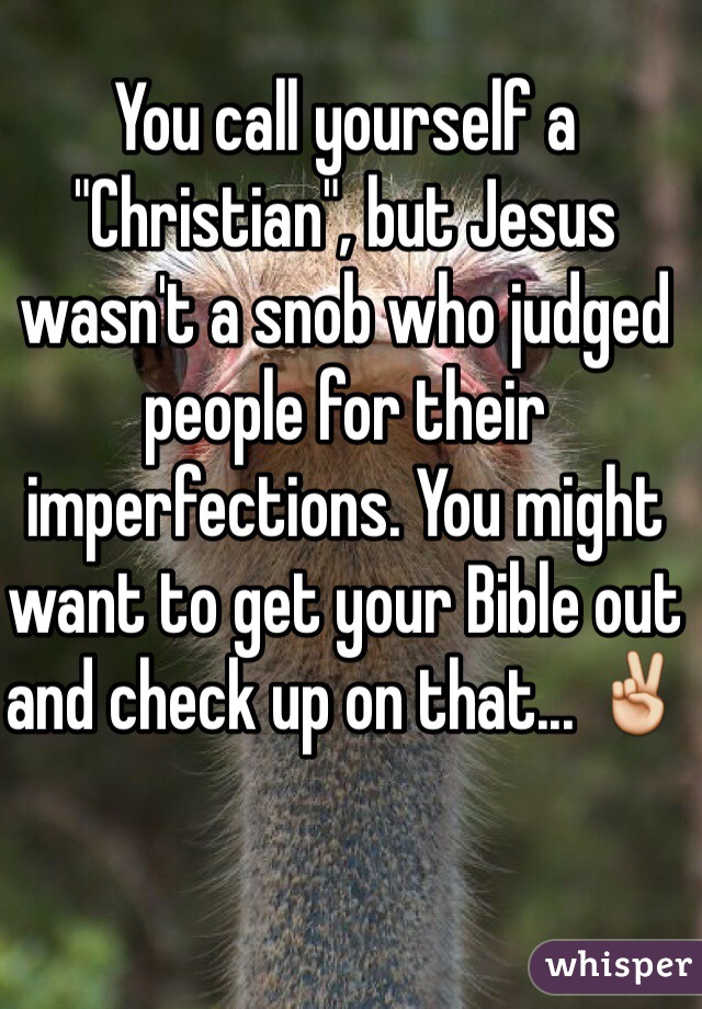 You call yourself a "Christian", but Jesus wasn't a snob who judged people for their imperfections. You might want to get your Bible out and check up on that... ✌️