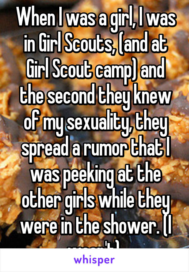 When I was a girl, I was in Girl Scouts, (and at Girl Scout camp) and the second they knew of my sexuality, they spread a rumor that I was peeking at the other girls while they were in the shower. (I wasn't) 