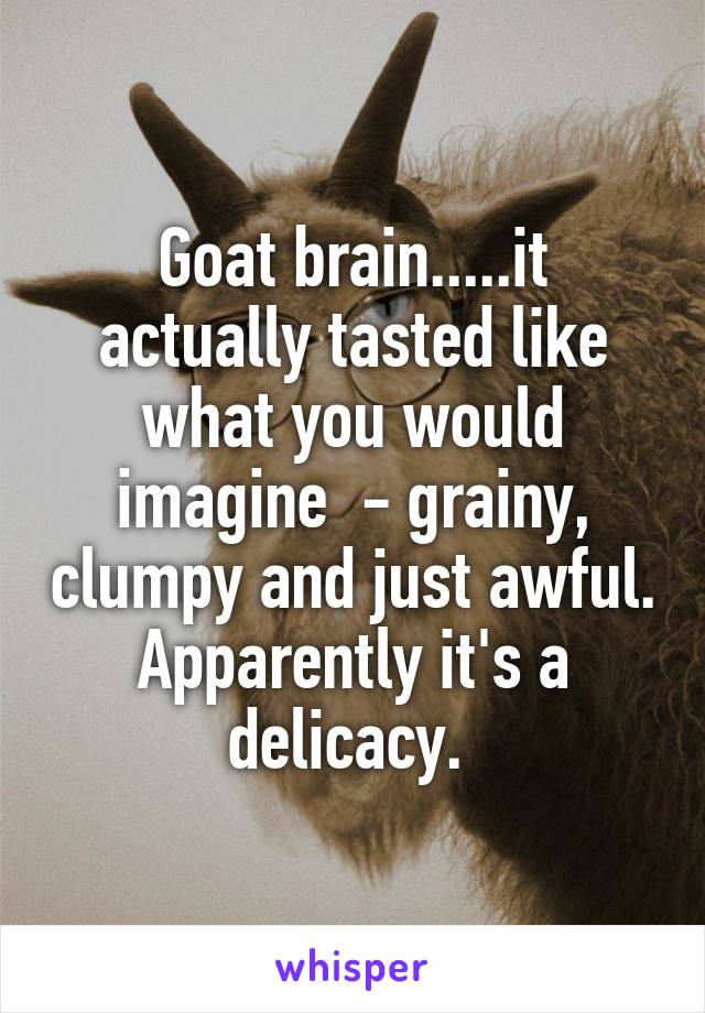 Goat brain.....it actually tasted like what you would imagine  - grainy, clumpy and just awful. Apparently it's a delicacy. 