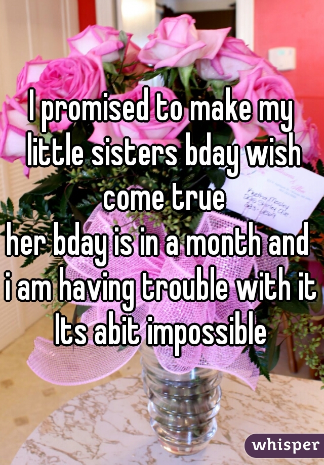 I promised to make my little sisters bday wish come true
her bday is in a month and 
i am having trouble with it
Its abit impossible
