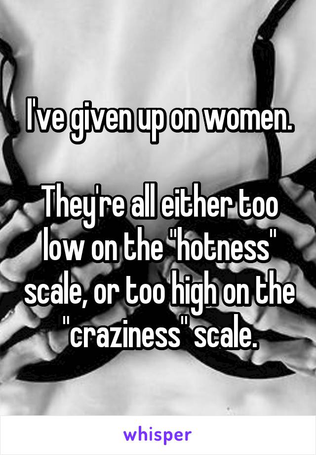 I've given up on women.
   
They're all either too low on the "hotness" scale, or too high on the "craziness" scale.