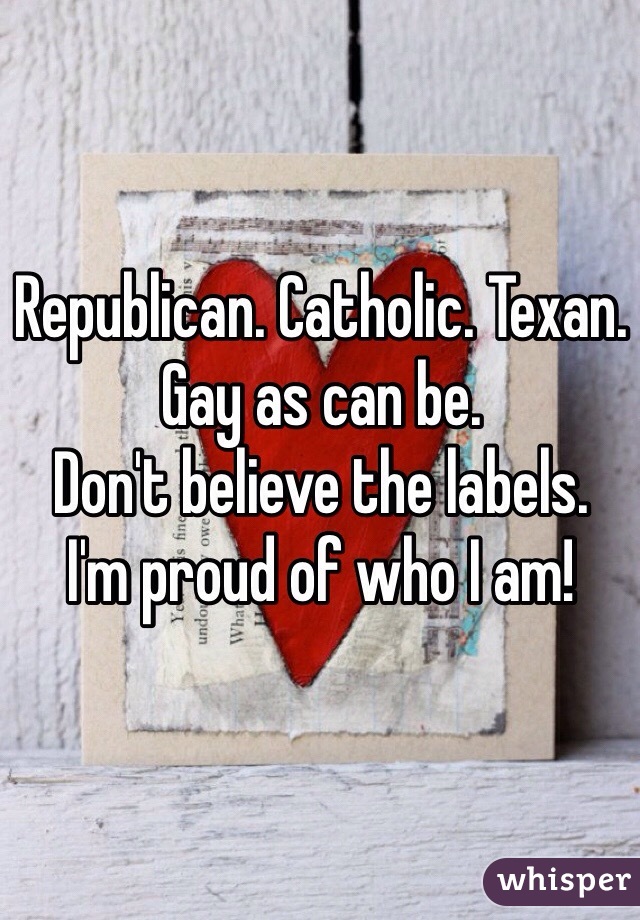 Republican. Catholic. Texan. Gay as can be. 
Don't believe the labels. 
I'm proud of who I am! 