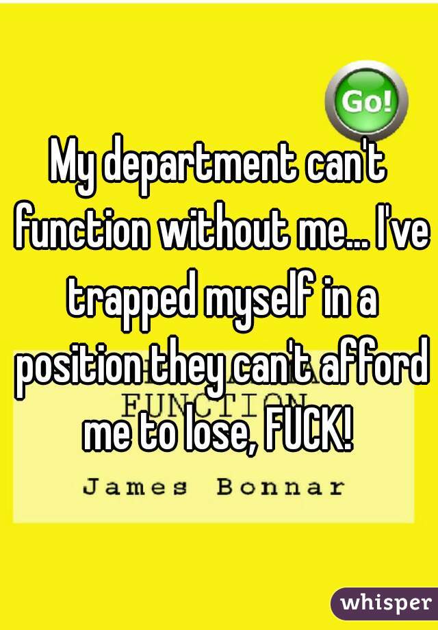 My department can't function without me... I've trapped myself in a position they can't afford me to lose, FUCK! 