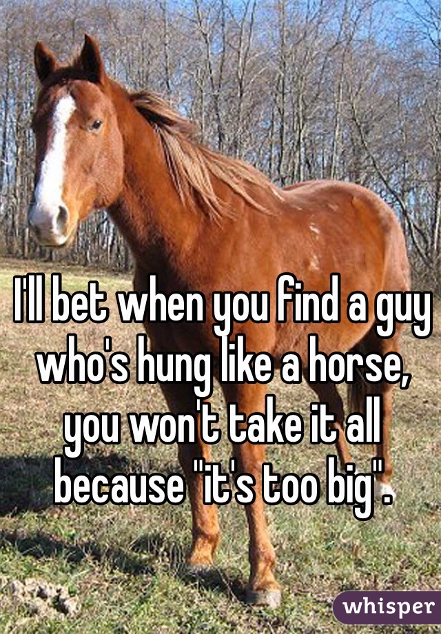 I'll bet when you find a guy who's hung like a horse, you won't take it all because "it's too big".