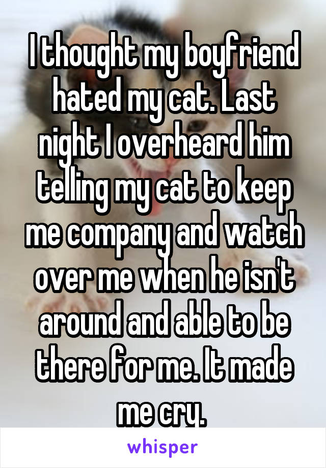 I thought my boyfriend hated my cat. Last night I overheard him telling my cat to keep me company and watch over me when he isn't around and able to be there for me. It made me cry. 