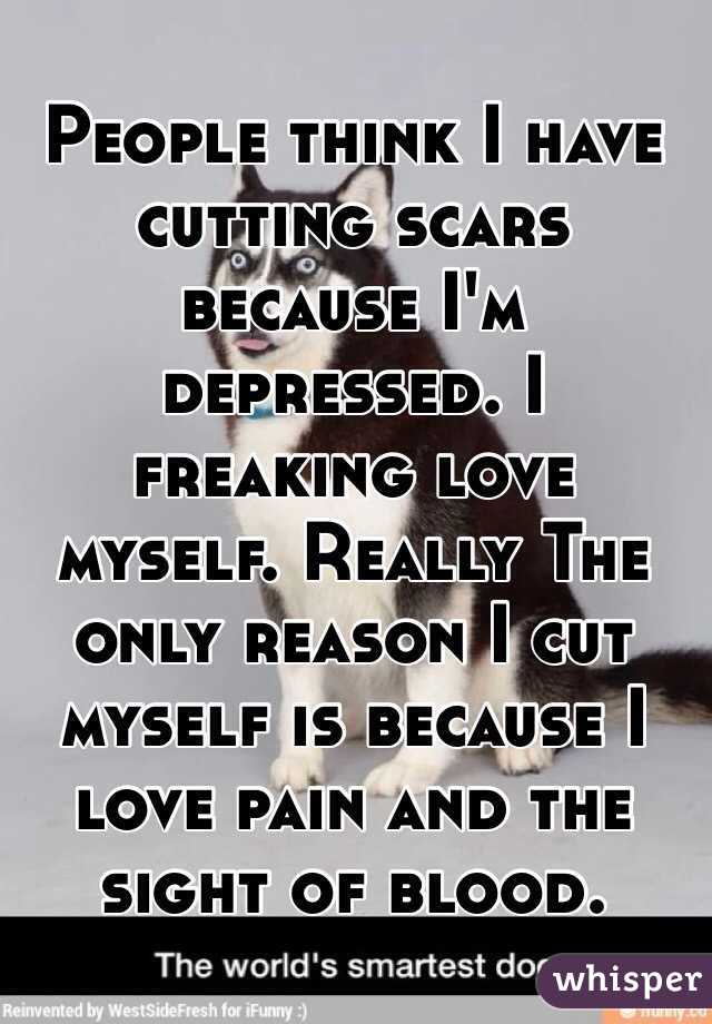 People think I have cutting scars because I'm depressed. I freaking love myself. Really The only reason I cut myself is because I love pain and the sight of blood.