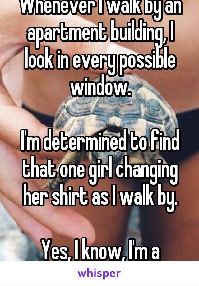 Whenever I walk by an apartment building, I look in every possible window.

I'm determined to find that one girl changing her shirt as I walk by.

Yes, I know, I'm a creep.