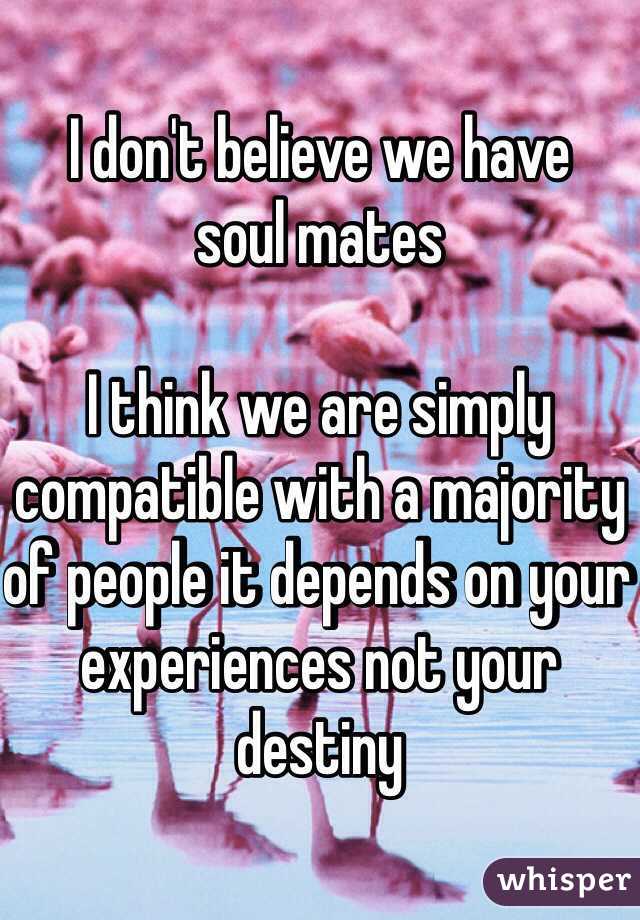 I don't believe we have 
soul mates 

I think we are simply compatible with a majority of people it depends on your experiences not your destiny 
