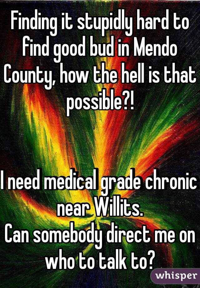 Finding it stupidly hard to find good bud in Mendo County, how the hell is that possible?!


I need medical grade chronic near Willits.
Can somebody direct me on who to talk to?