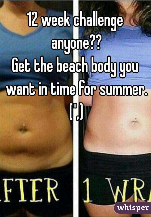 12 week challenge anyone??
Get the beach body you want in time for summer. (",)


