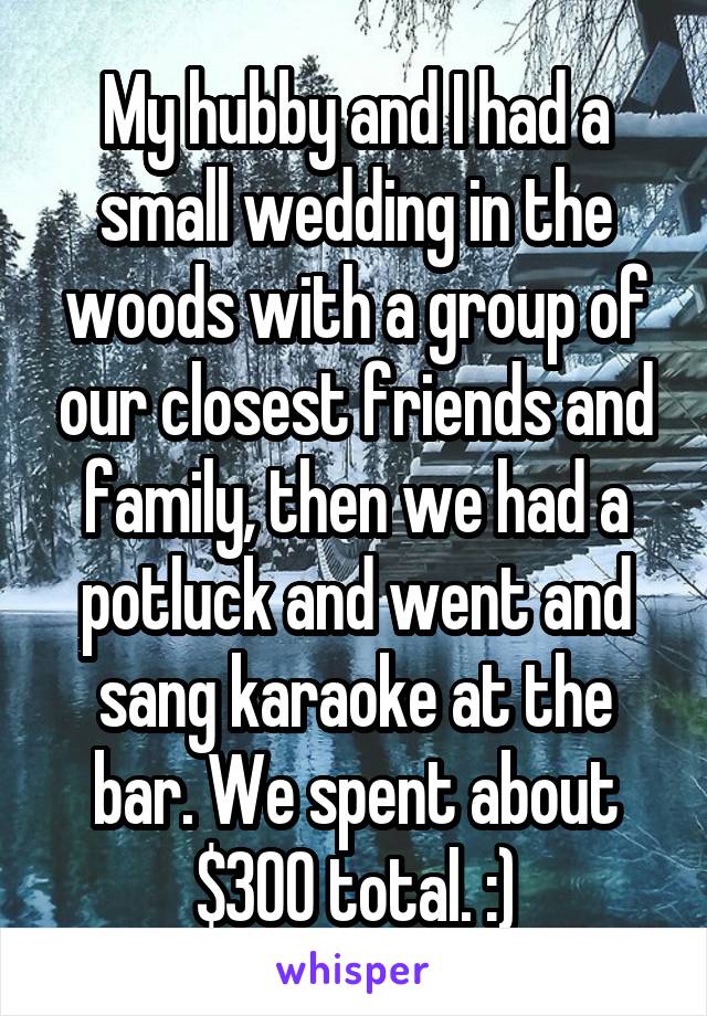 My hubby and I had a small wedding in the woods with a group of our closest friends and family, then we had a potluck and went and sang karaoke at the bar. We spent about $300 total. :)