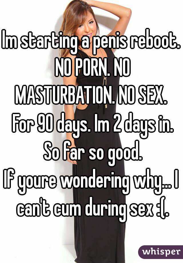 Im starting a penis reboot. NO PORN. NO MASTURBATION. NO SEX.  For 90 days. Im 2 days in. So far so good.
If youre wondering why... I can't cum during sex :(.