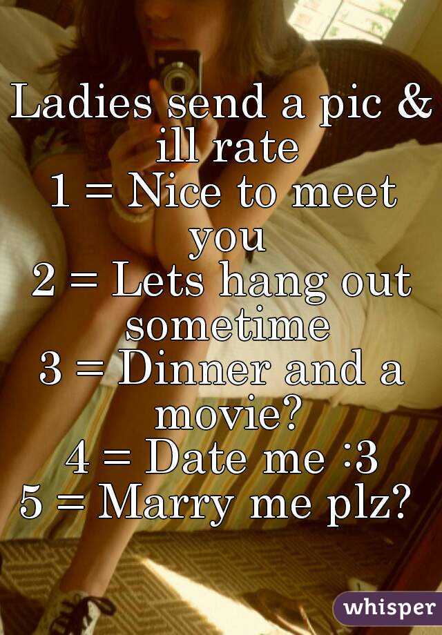 Ladies send a pic & ill rate
1 = Nice to meet you
2 = Lets hang out sometime
3 = Dinner and a movie?
4 = Date me :3
5 = Marry me plz? 