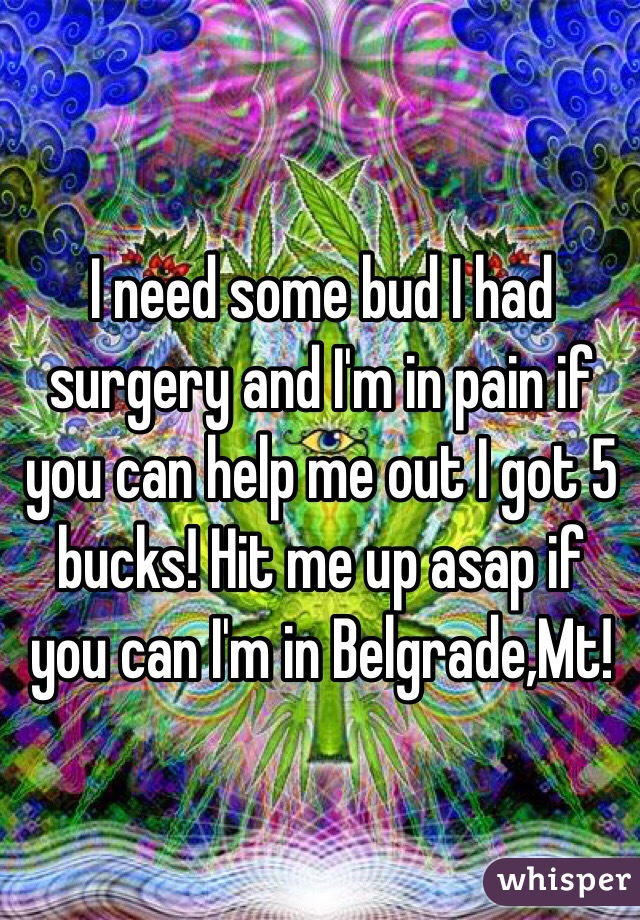 I need some bud I had surgery and I'm in pain if you can help me out I got 5 bucks! Hit me up asap if you can I'm in Belgrade,Mt! 
