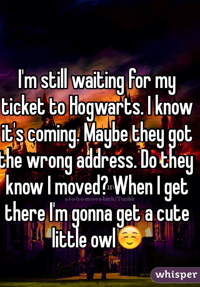 I'm still waiting for my ticket to Hogwarts. I know it's coming. Maybe they got the wrong address. Do they know I moved? When I get there I'm gonna get a cute little owl☺️
