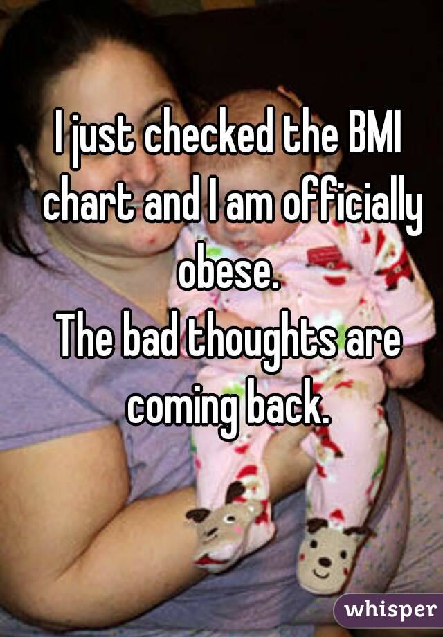 I just checked the BMI chart and I am officially obese. 
The bad thoughts are coming back. 