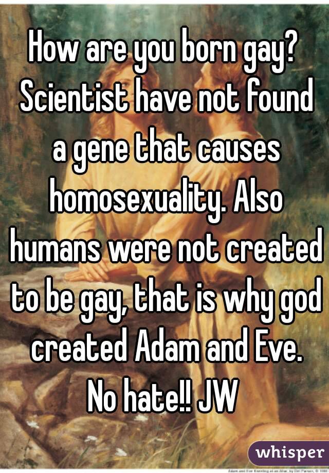 How are you born gay? Scientist have not found a gene that causes homosexuality. Also humans were not created to be gay, that is why god created Adam and Eve.
No hate!! JW