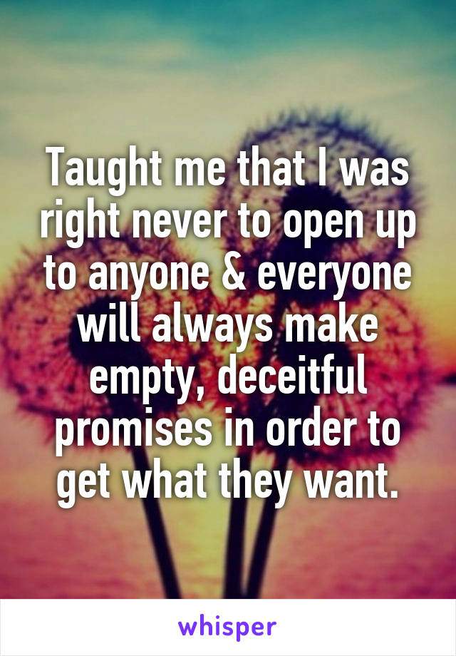 Taught me that I was right never to open up to anyone & everyone will always make empty, deceitful promises in order to get what they want.