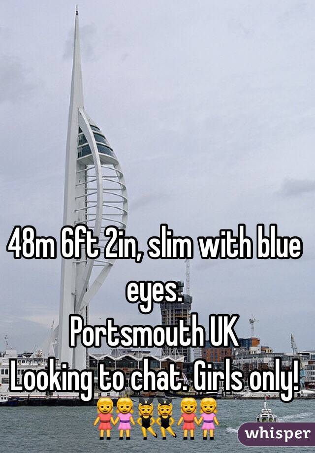 48m 6ft 2in, slim with blue eyes. 
Portsmouth UK
Looking to chat. Girls only!
👭👯👭