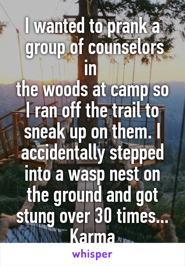 I wanted to prank a
 group of counselors in 
the woods at camp so I ran off the trail to sneak up on them. I accidentally stepped into a wasp nest on the ground and got stung over 30 times... Karma