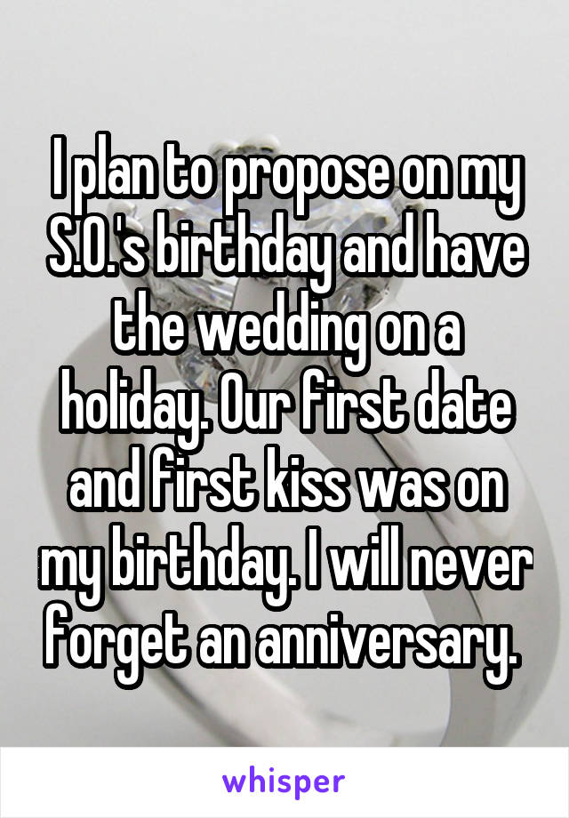 I plan to propose on my S.O.'s birthday and have the wedding on a holiday. Our first date and first kiss was on my birthday. I will never forget an anniversary. 
