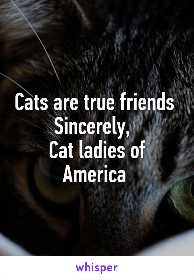 Cats are true friends 
Sincerely,  
Cat ladies of America 