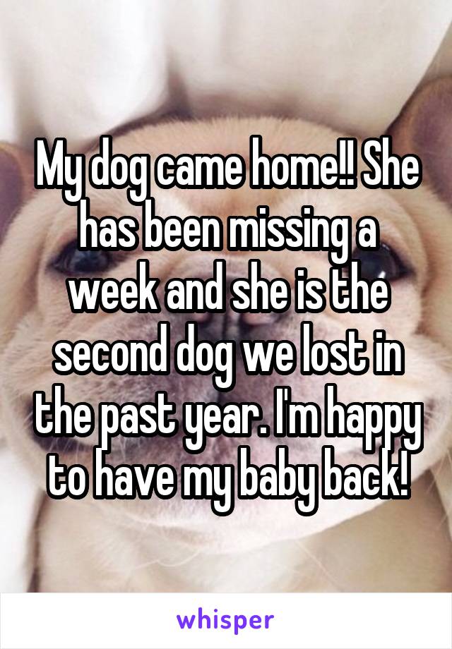 My dog came home!! She has been missing a week and she is the second dog we lost in the past year. I'm happy to have my baby back!