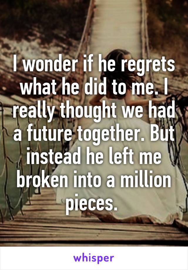 I wonder if he regrets what he did to me. I really thought we had a future together. But instead he left me broken into a million pieces. 