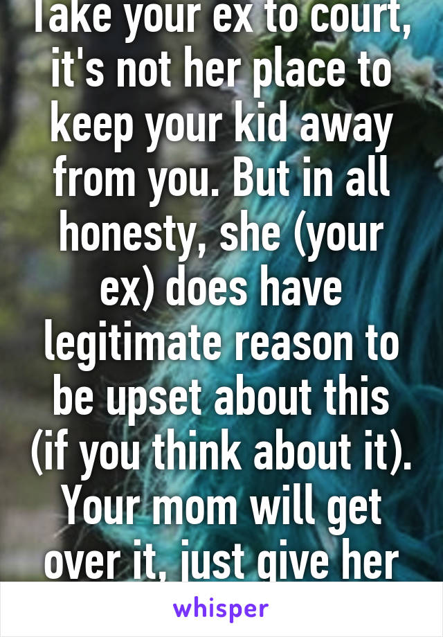Take your ex to court, it's not her place to keep your kid away from you. But in all honesty, she (your ex) does have legitimate reason to be upset about this (if you think about it). Your mom will get over it, just give her some time.