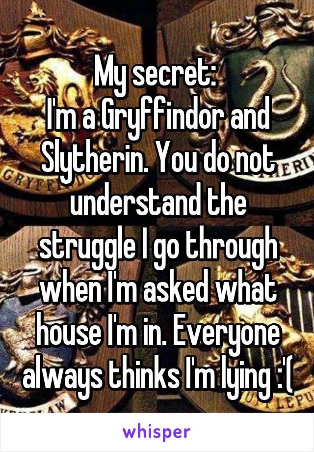 My secret: 
I'm a Gryffindor and Slytherin. You do not understand the struggle I go through when I'm asked what house I'm in. Everyone always thinks I'm lying :'(