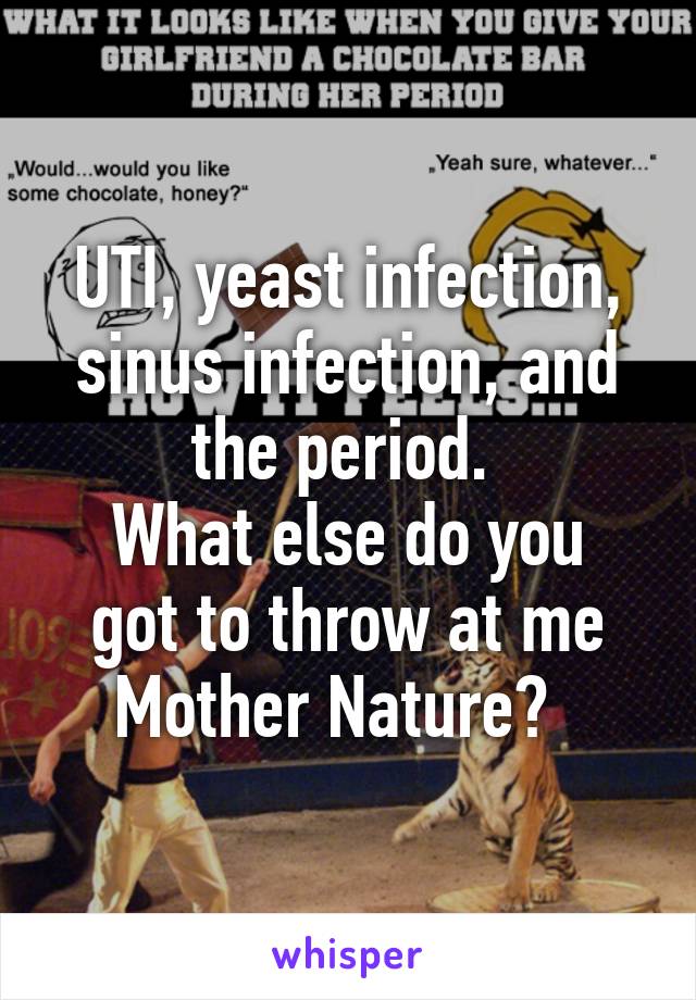 UTI, yeast infection, sinus infection, and the period. 
What else do you got to throw at me Mother Nature?  