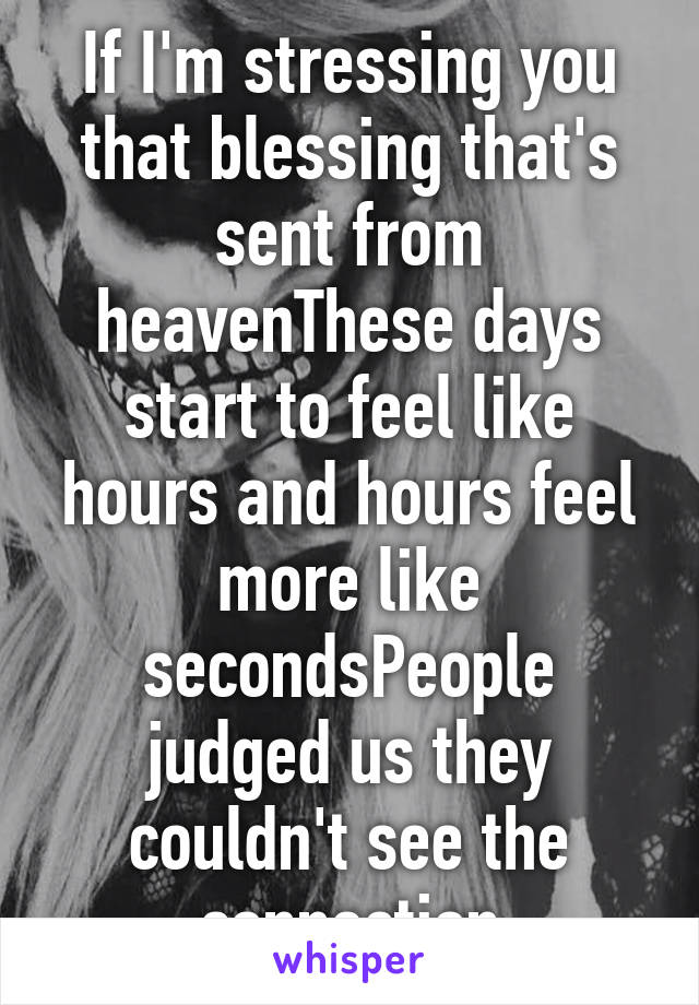 If I'm stressing you that blessing that's sent from heavenThese days start to feel like hours and hours feel more like secondsPeople judged us they couldn't see the connection