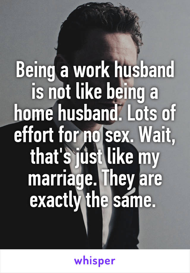 Being a work husband is not like being a home husband. Lots of effort for no sex. Wait, that's just like my marriage. They are exactly the same. 
