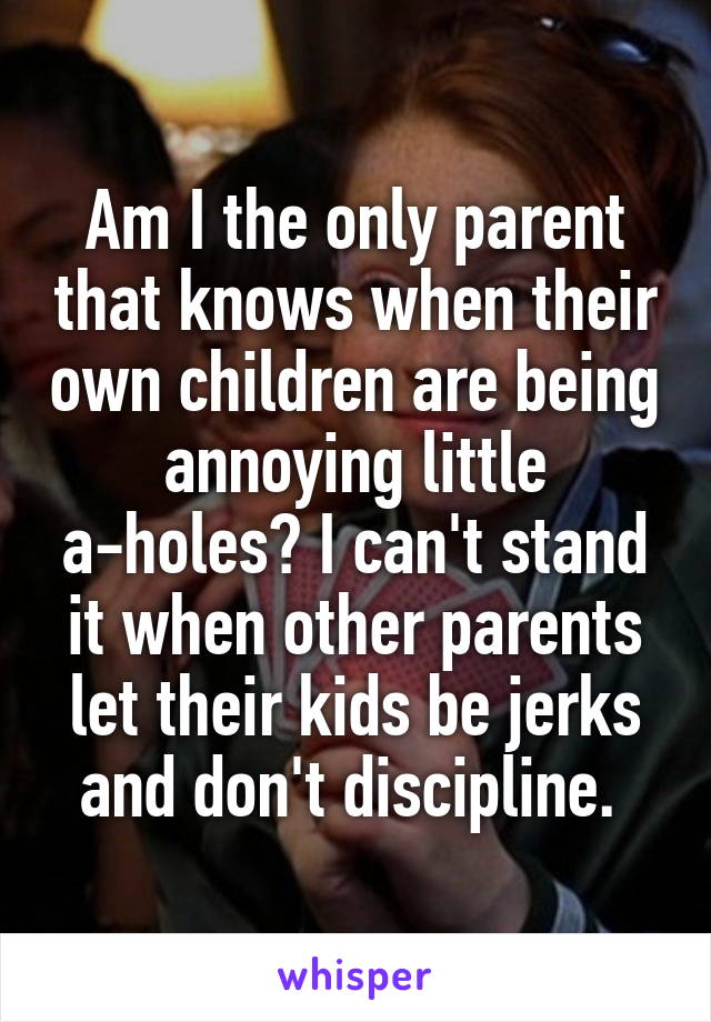 Am I the only parent that knows when their own children are being annoying little a-holes? I can't stand it when other parents let their kids be jerks and don't discipline. 