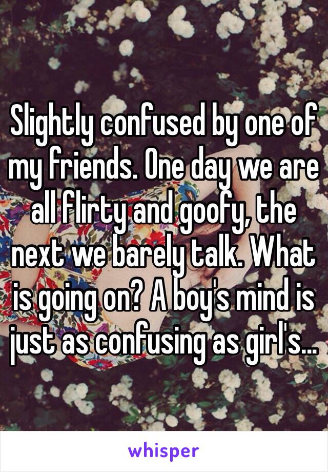 Slightly confused by one of my friends. One day we are all flirty and goofy, the next we barely talk. What is going on? A boy's mind is just as confusing as girl's...