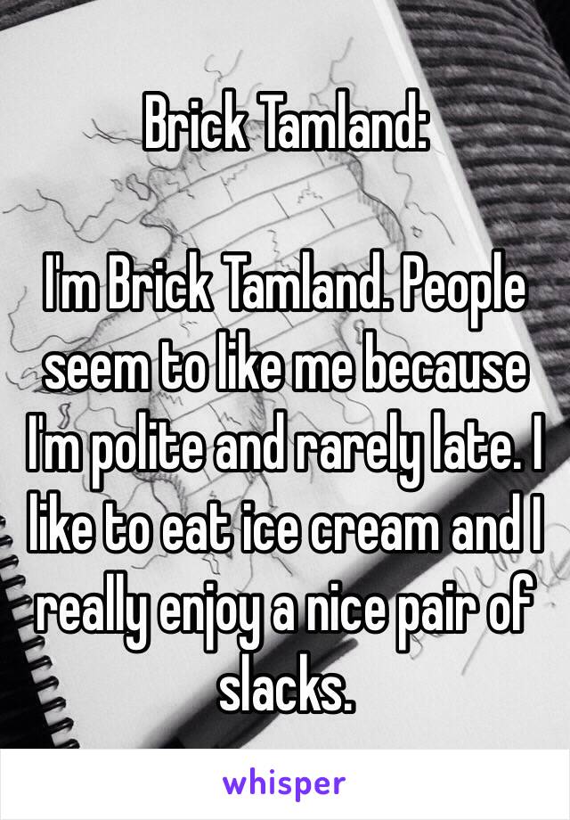 Brick Tamland:

I'm Brick Tamland. People seem to like me because I'm polite and rarely late. I like to eat ice cream and I really enjoy a nice pair of slacks. 