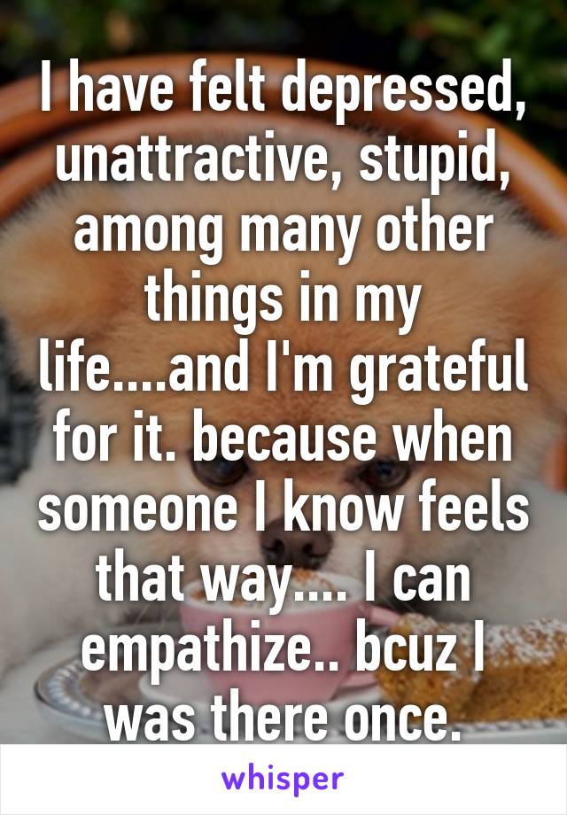 I have felt depressed, unattractive, stupid, among many other things in my life....and I'm grateful for it. because when someone I know feels that way.... I can empathize.. bcuz I was there once.