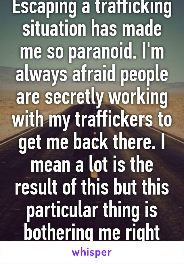 Escaping a trafficking situation has made me so paranoid. I'm always afraid people are secretly working with my traffickers to get me back there. I mean a lot is the result of this but this particular thing is bothering me right now.