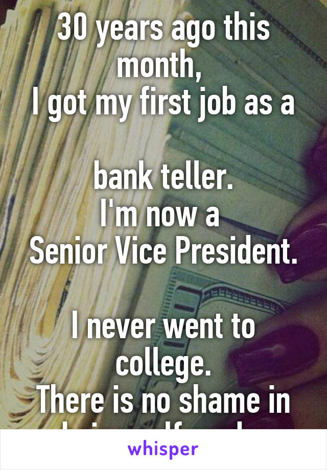 30 years ago this month, 
I got my first job as a 
bank teller.
I'm now a 
Senior Vice President. 
I never went to college.
There is no shame in being self made.